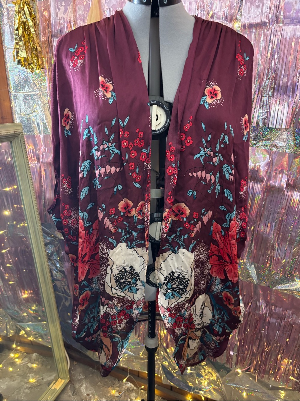 Time and Tru Burgundy Floral Kimono Robe